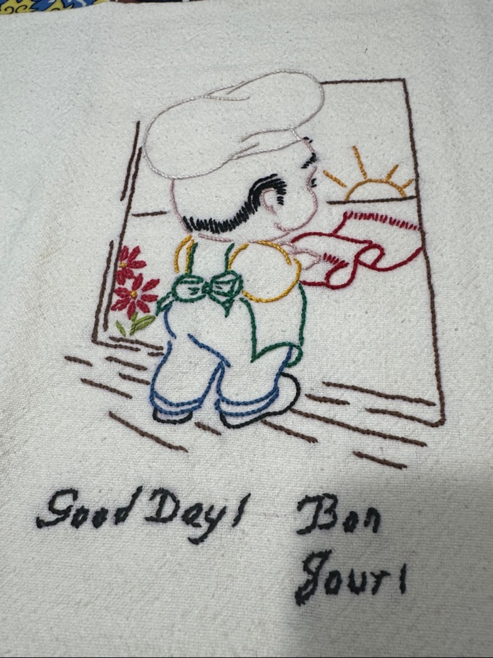 Vintage Embroidered Chef Kitchen Tea Towel - White with Multicolor Stitching - Picture 5 of 6